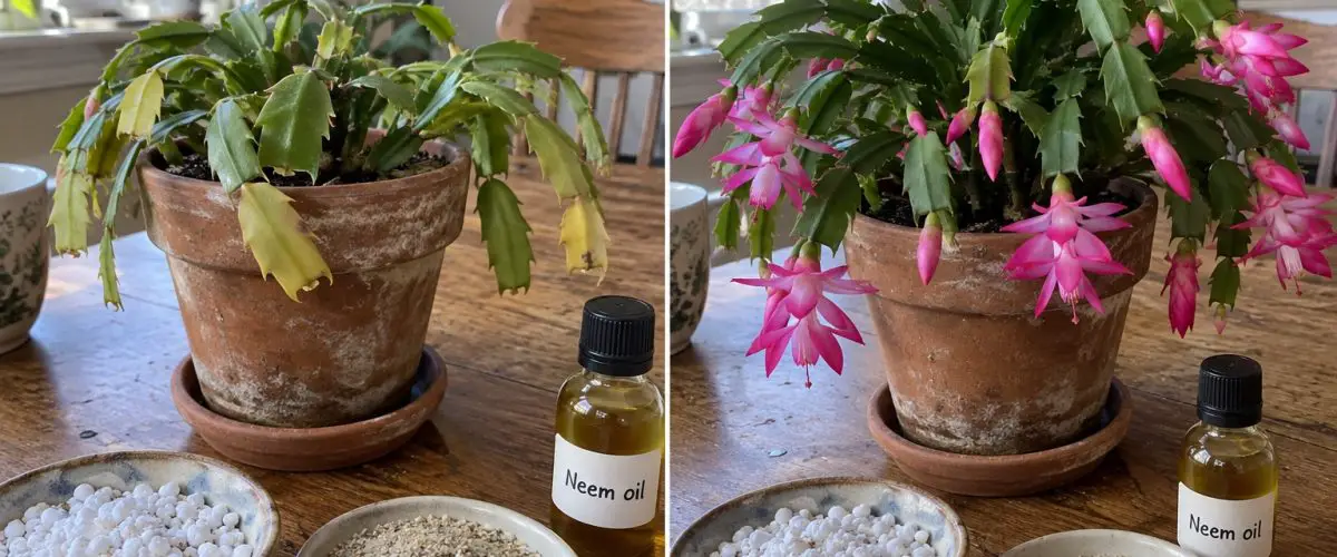Christmas cactus before and after care, with perlite, sand, and neem oil.