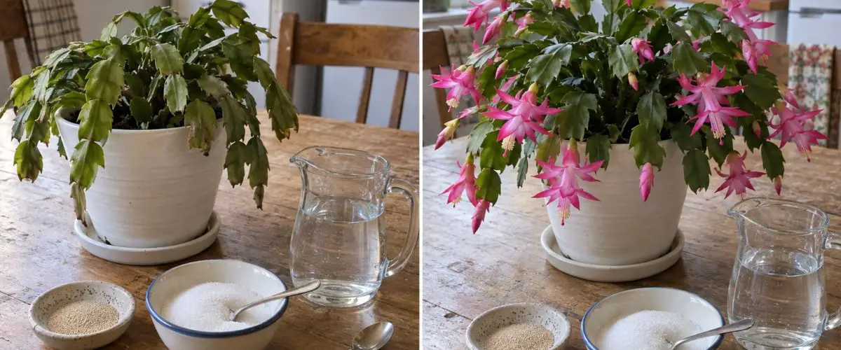 Christmas cactus before and after care, with dry yeast, sugar, and water.