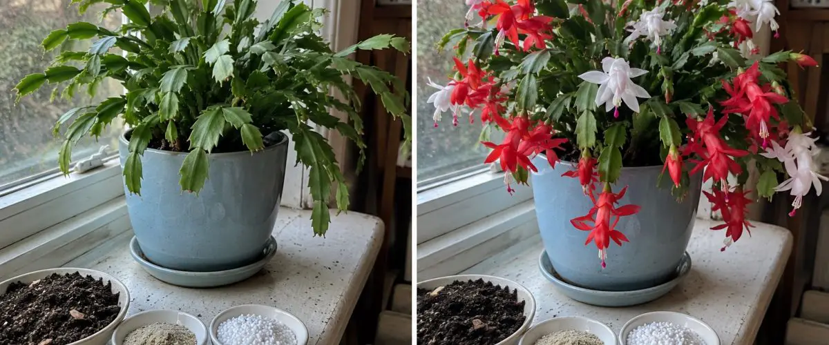 Christmas cactus before and during flowering, with potting soil, sand, and perlite.