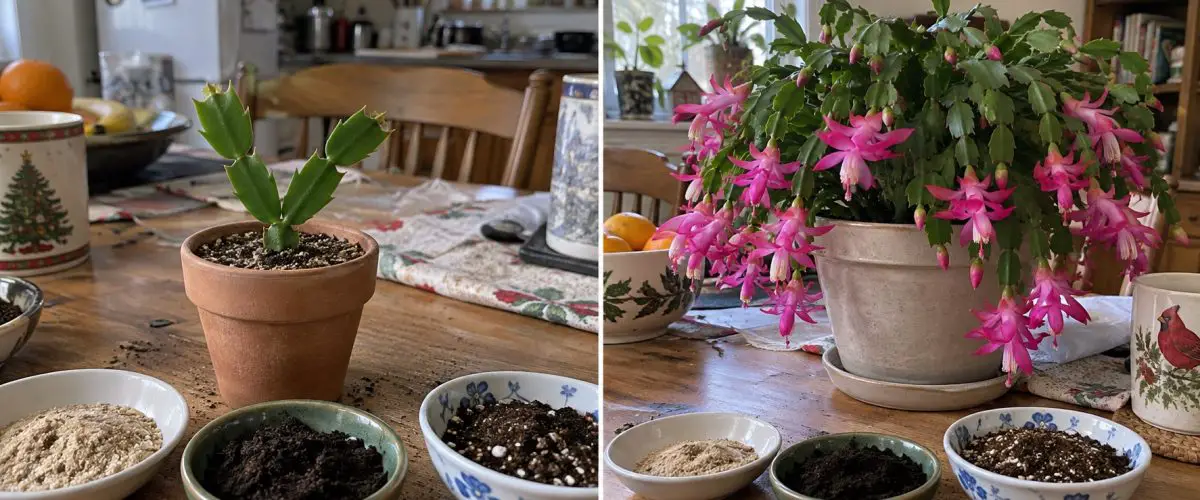 Christmas cactus before and during flowering in a home setting.